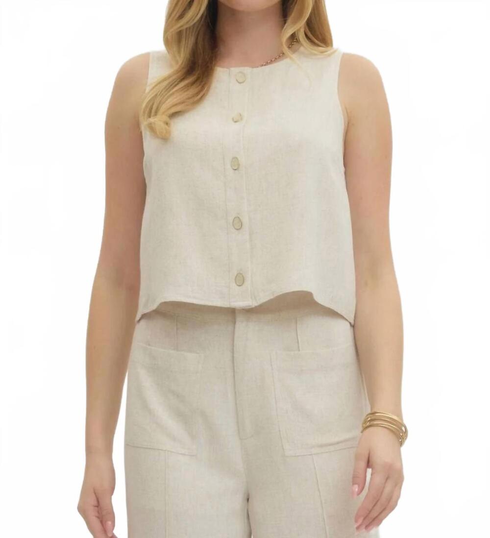 NEW ENTRO the harper sleeveless linen blend button front tank in sand